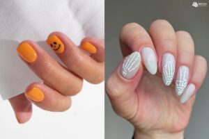 Montagem com 2 ideias de unhas para o Halloween, uma abóbora com rosto assustados e outra branca com mão de caveira em alto relevo