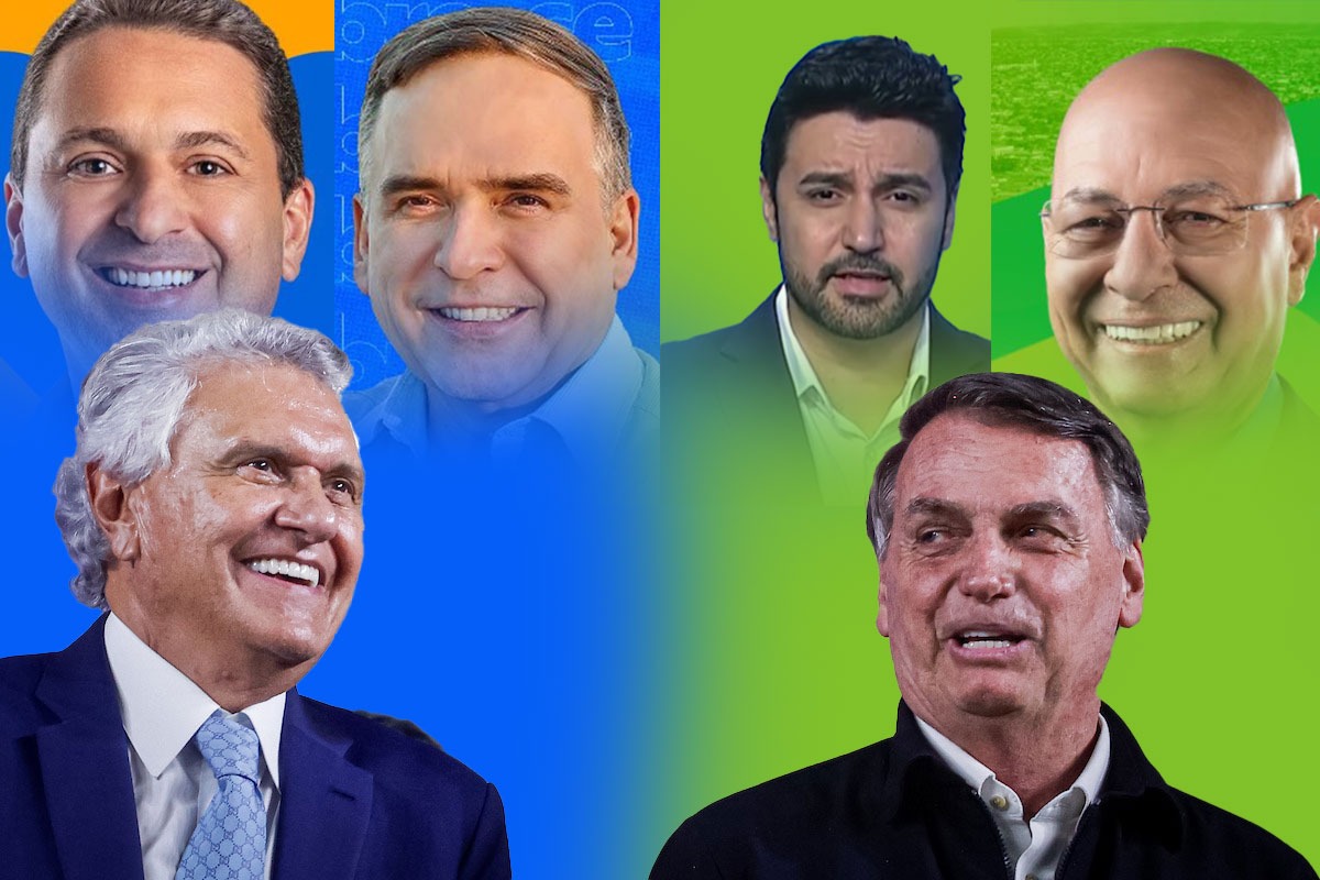 Montagem com fotos coloridas de Caiado, Bolsonaro e candidatos apoiados por eles - Metrópoles