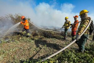 Mais de 120 agentes e nove aeronaves combatem incêndio no Parque Encontro das Águas em Poconé