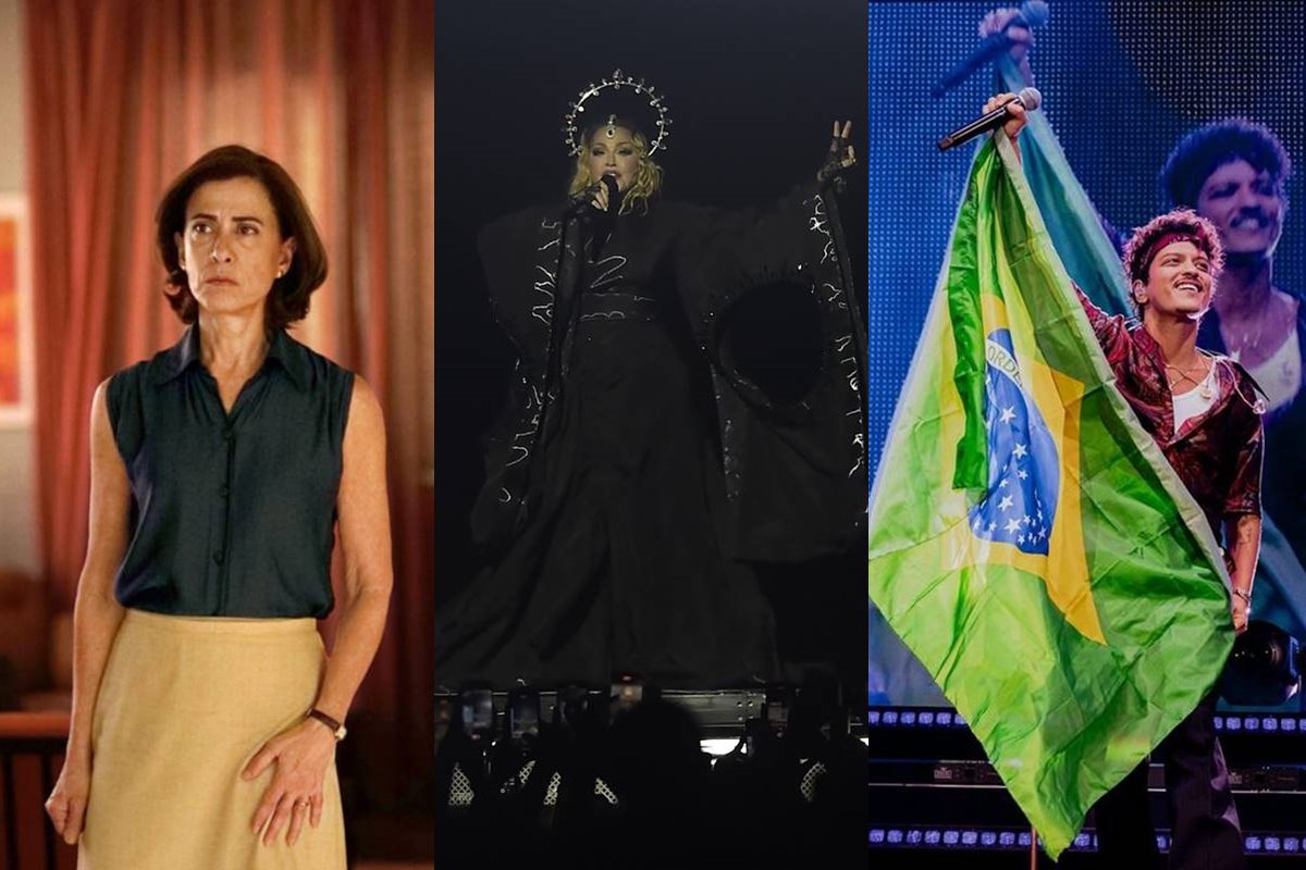 montagem com fotos de fernanda torres, maddona e bruno mars - metrópoles