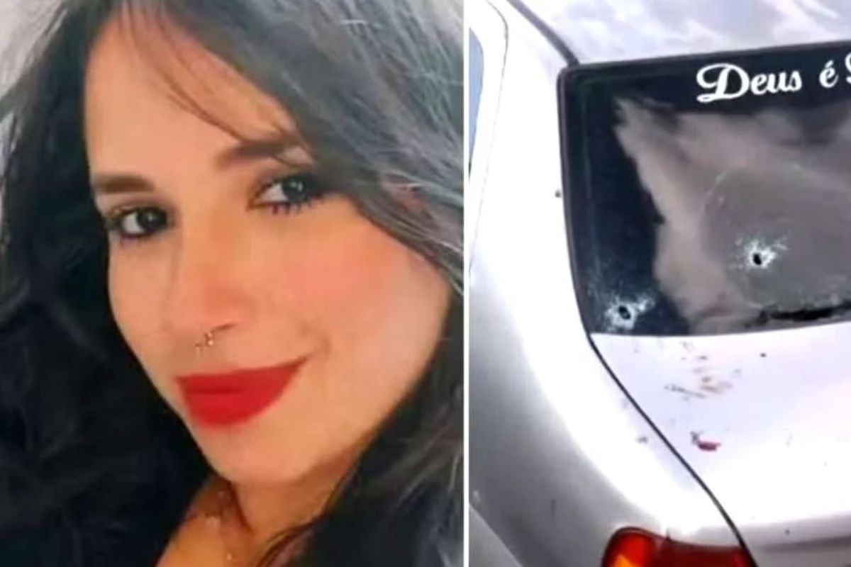 Montagem com fotos coloridas da jovem Juliana e do carro da família com marcas de tiro - Metópoles