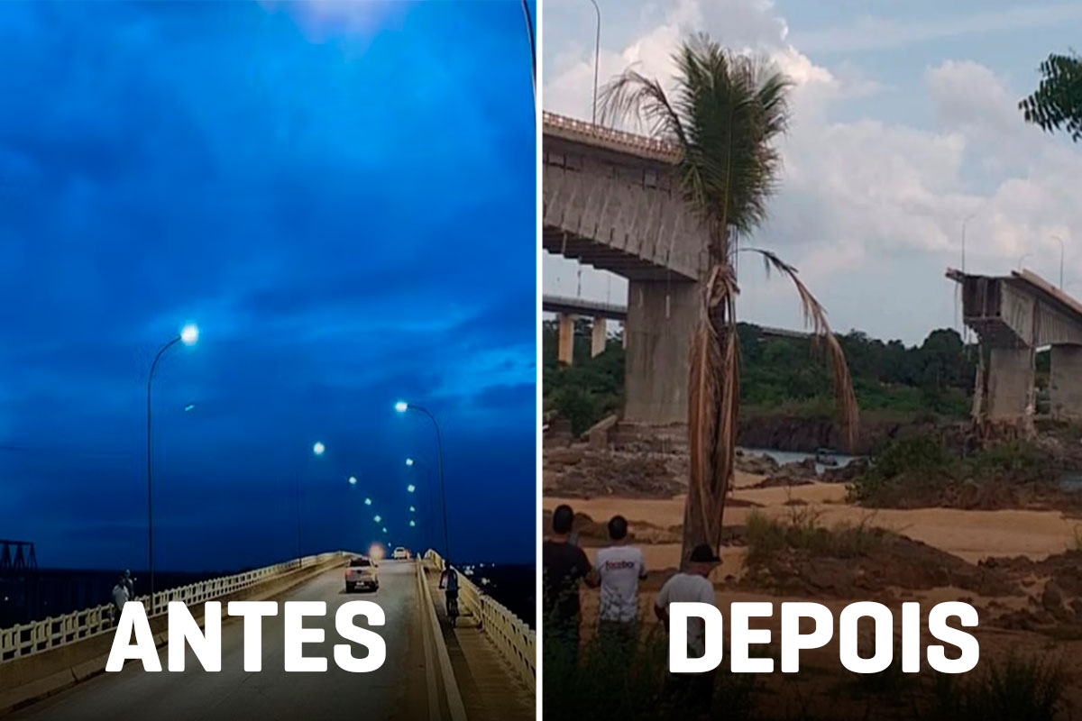 Imagem colorida, antes e depois da ponte desabar - Metrópoles