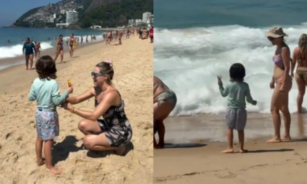 Letícia Colin com o filho na praia