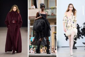 Montagem com três looks da Milão Fashion Week Outono Inverno 2025. Da esquerda para a direita: um casaco bordô longo combinado com cinto na cintura e luvas de couro; vestido preto com textura volumosa, boina e botas robustas; vestido floral off-shoulder com detalhes de pelagem branca na barra, equilibrando romantismo e ousadia.