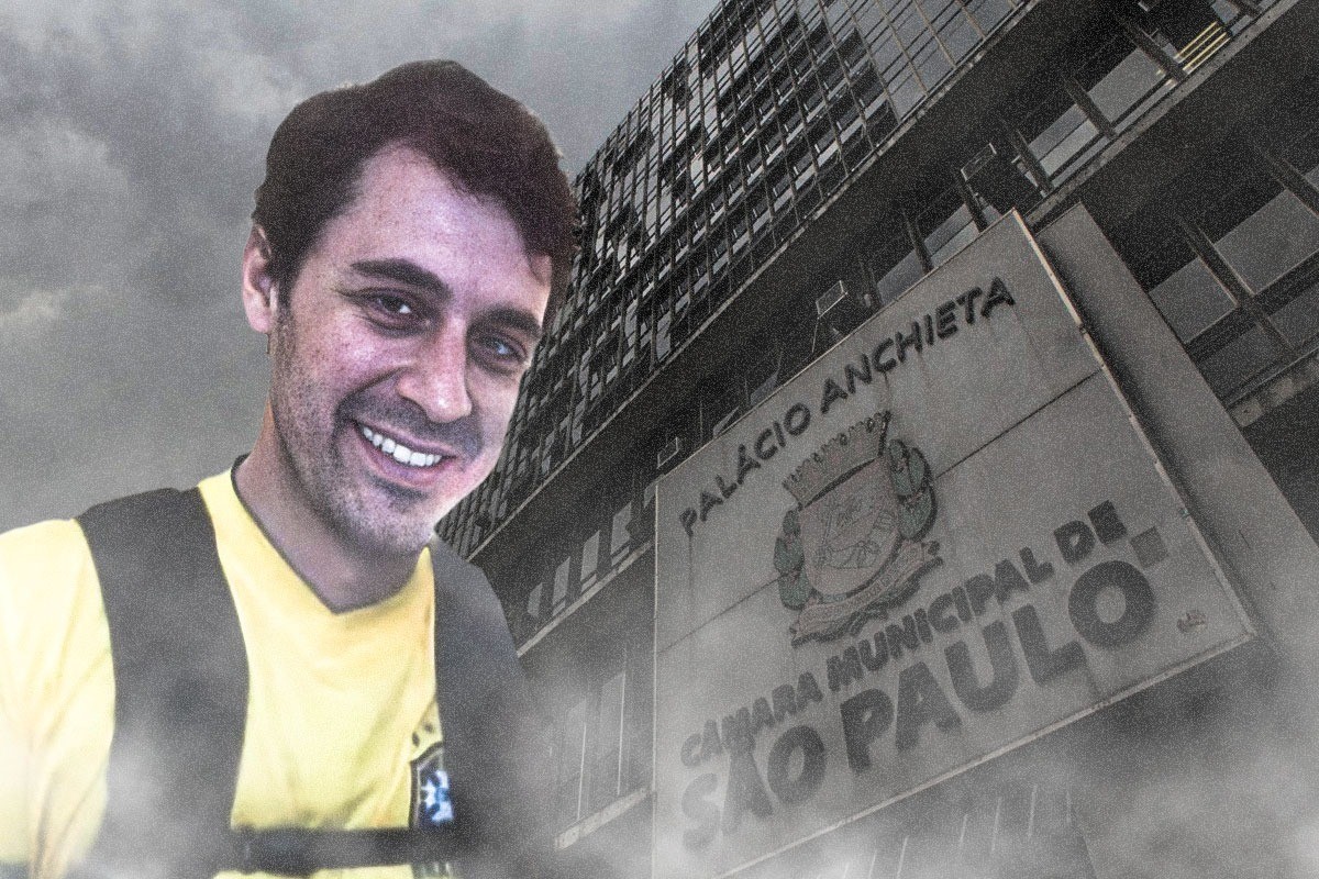 Fotomontagem de Marcos Gusmão Matheus com prédio da Câmara Municipal de São Paulo ao fundo - Metrópoles