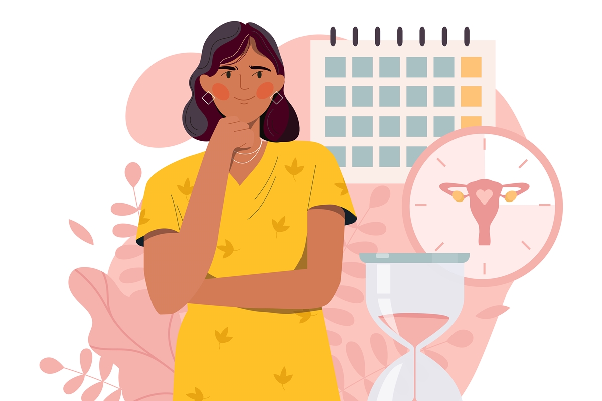 Ilustração mostra mulher, um calendário, uma ampulheta e o desenho de um útero - Metrópoles - menopausa